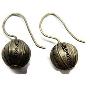 Earrings Hook Dangle Sterling Silver Filigree Ball 925 Vintage Patina